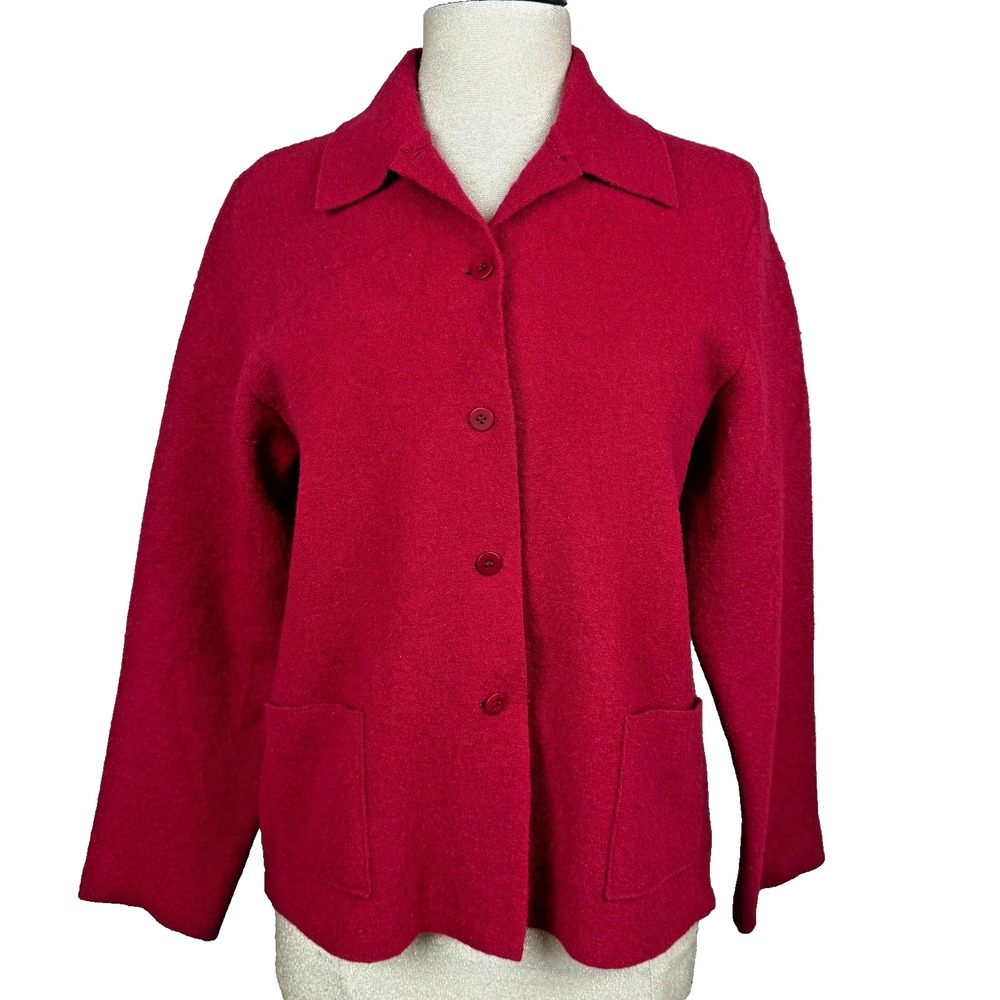 Eileen Fisher Jacket Women PM Red 100% Boiled Wool Button Collared Quiet Luxury